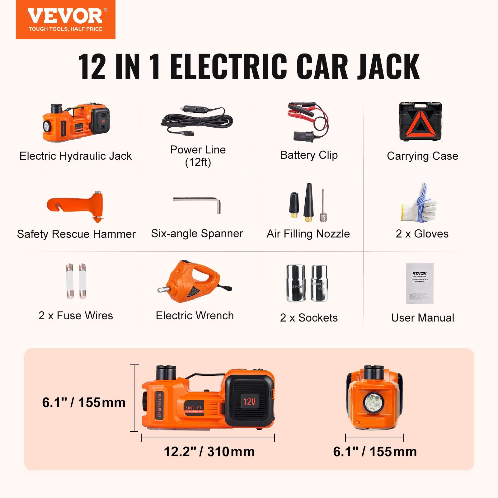 Elektrisk domkraft - 12 V - 5 t - Set för hjulbyte - Multifunktionell